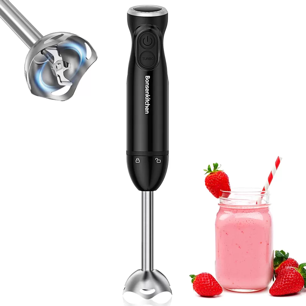 Bonsenkitchen Batidora de mano, acero inoxidable de 1000 W, velocidades infinitamente variables, varilla mezcladora para alimentos para bebés, sopa, batidos, puré, salsa,