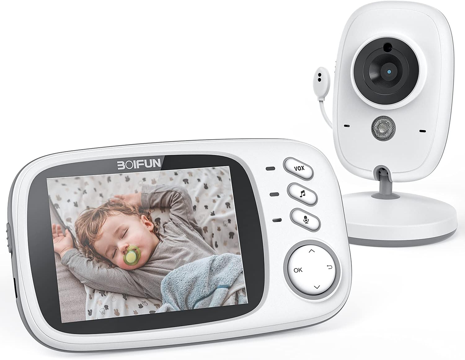 BOIFUN 3.2" Vigilabebes con Camara, 720P Camara Vigilancia Bebe, Inteligente VOX, Visión Nocturna, Sensor de Temperatura, Comunicación Bidireccional, Batería Recargable