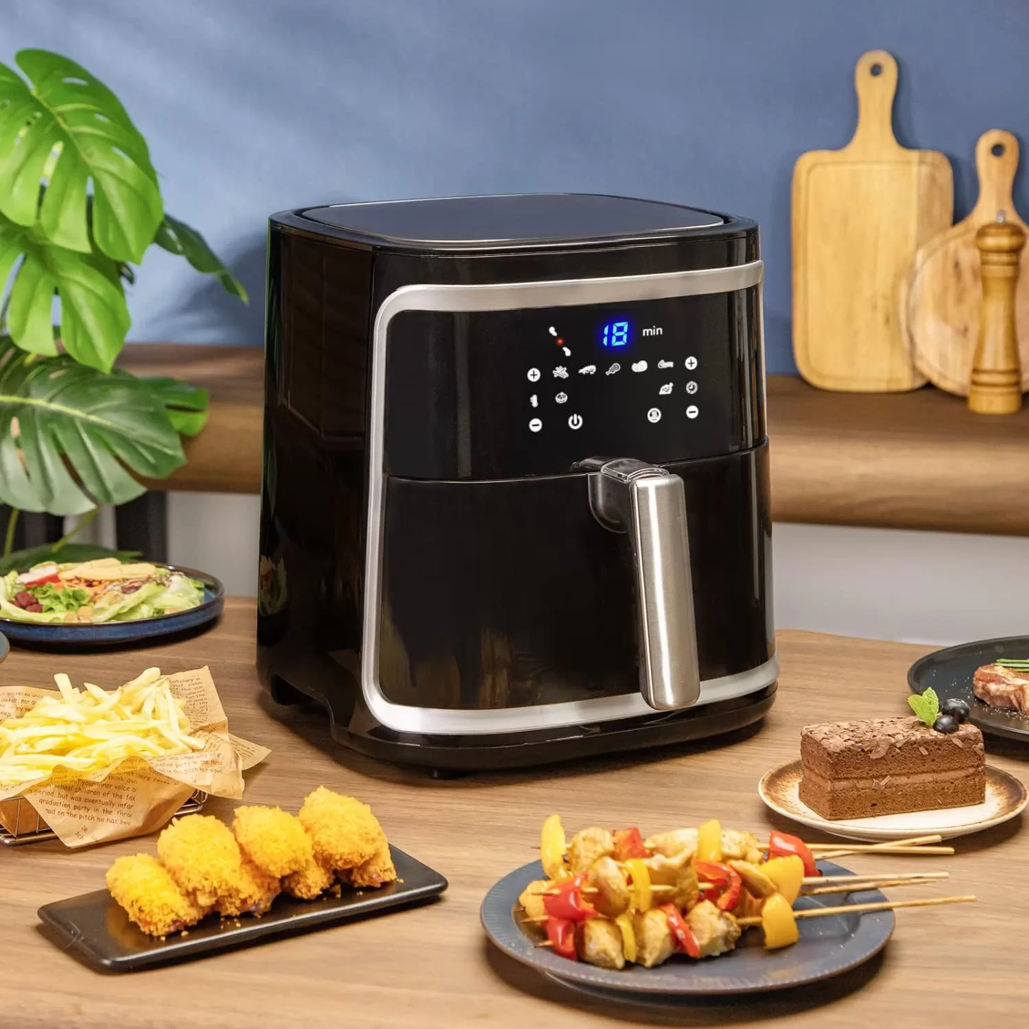 Aigostar Cube - Freidora de aire sin aceite 7L, 1900W, 7 funciones preestablecidas + mantener caliente, modo manual, panel LED táctil. Doble uso: con cesta...