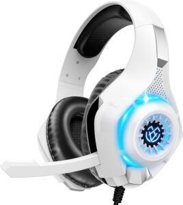 Tatybo Auriculares Gaming PS4 PS5 Xbox PC, Cascos Gaming con Graves Envolventes 3D, Micrófono Reducción de Ruido (Blanco)