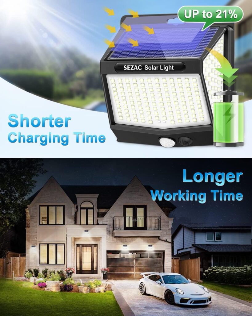 Luz Solar Exterior [6 Paquete/3 Modes] SEZAC 270° Súper Brillante Focos Led con Sensor de Movimiento, IP65, para Jardin, Garajes, Caminos, Puertas Delanteras