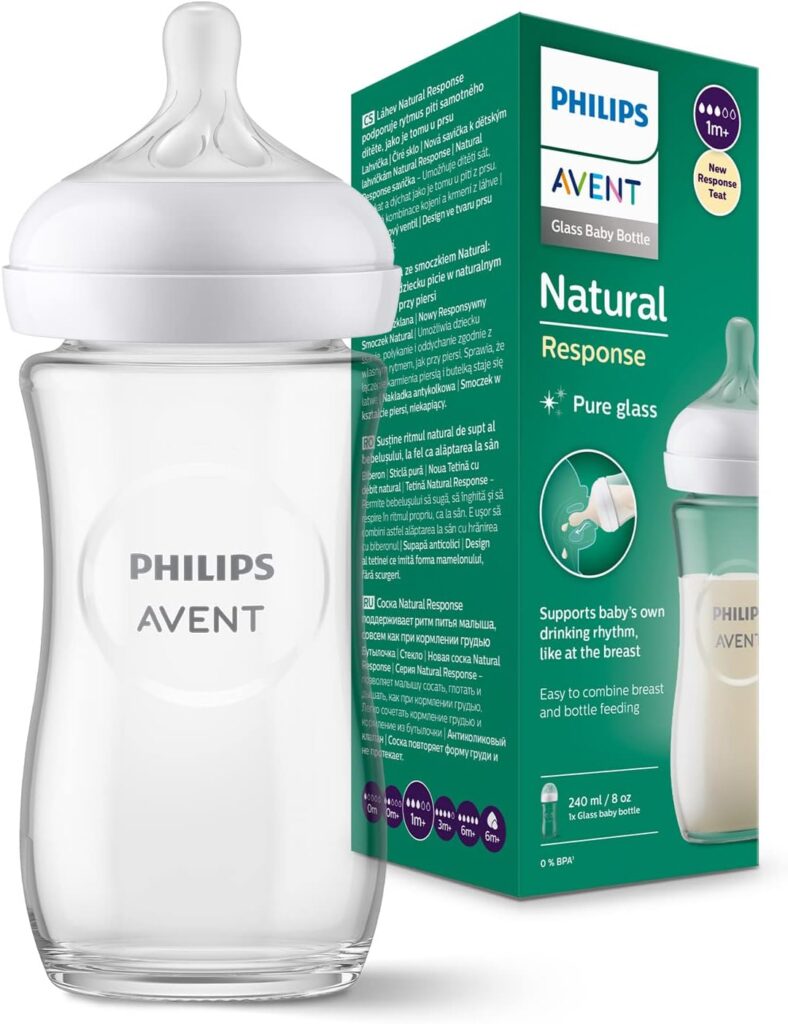 Philips Avent Biberón de cristal Natural Response: biberón de 240 ml sin BPA para recién nacidos a partir de 1 mes (modelo SCY933/01)
