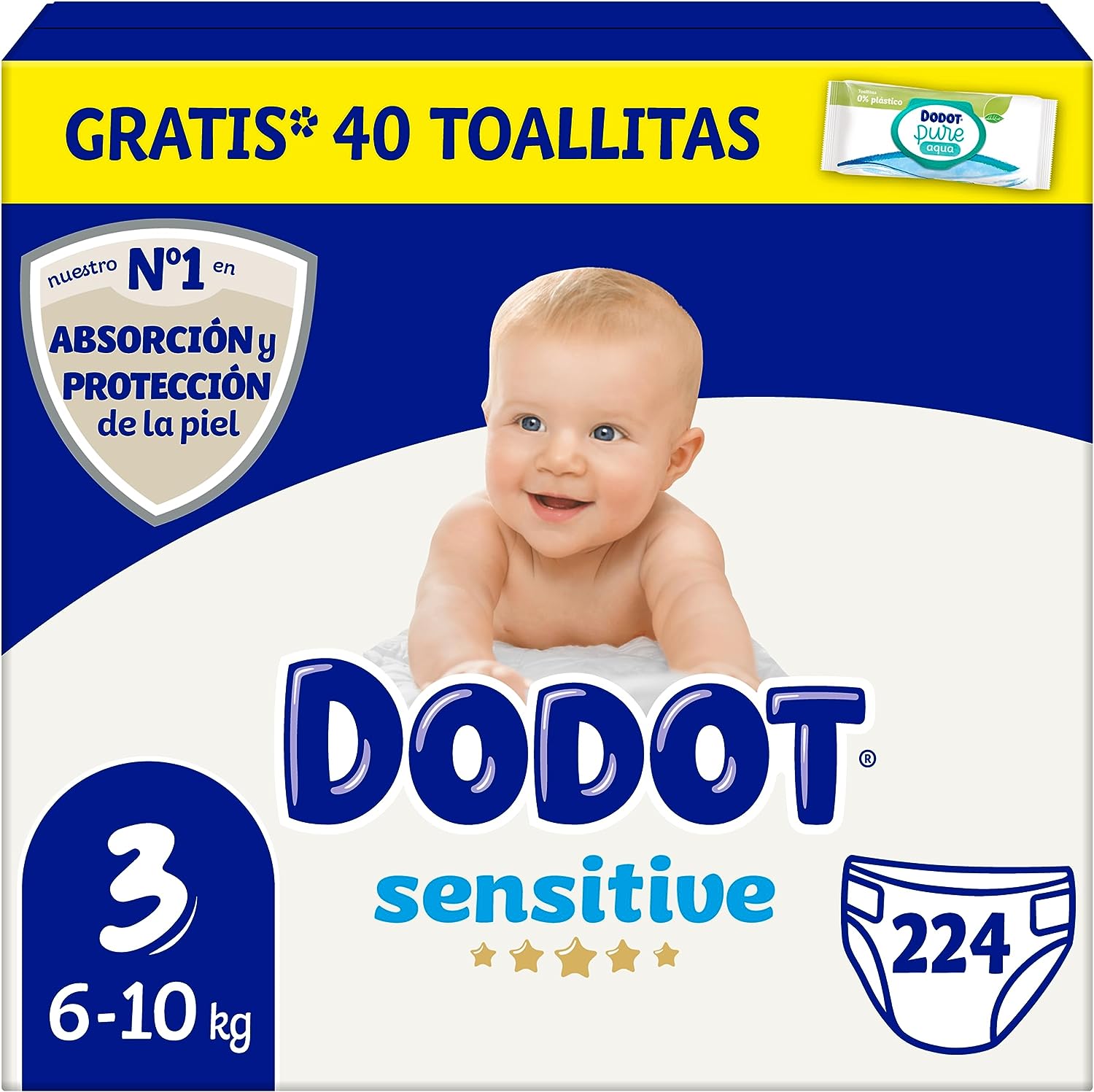 Dodot Pañales Bebé Sensitive Talla 3 (6-10 kg), 224 Pañales + 1 Pack de 40 Toallitas Gratis Cuidado Total Aqua, Óptima Protección de la Piel de Dodot, Pack...