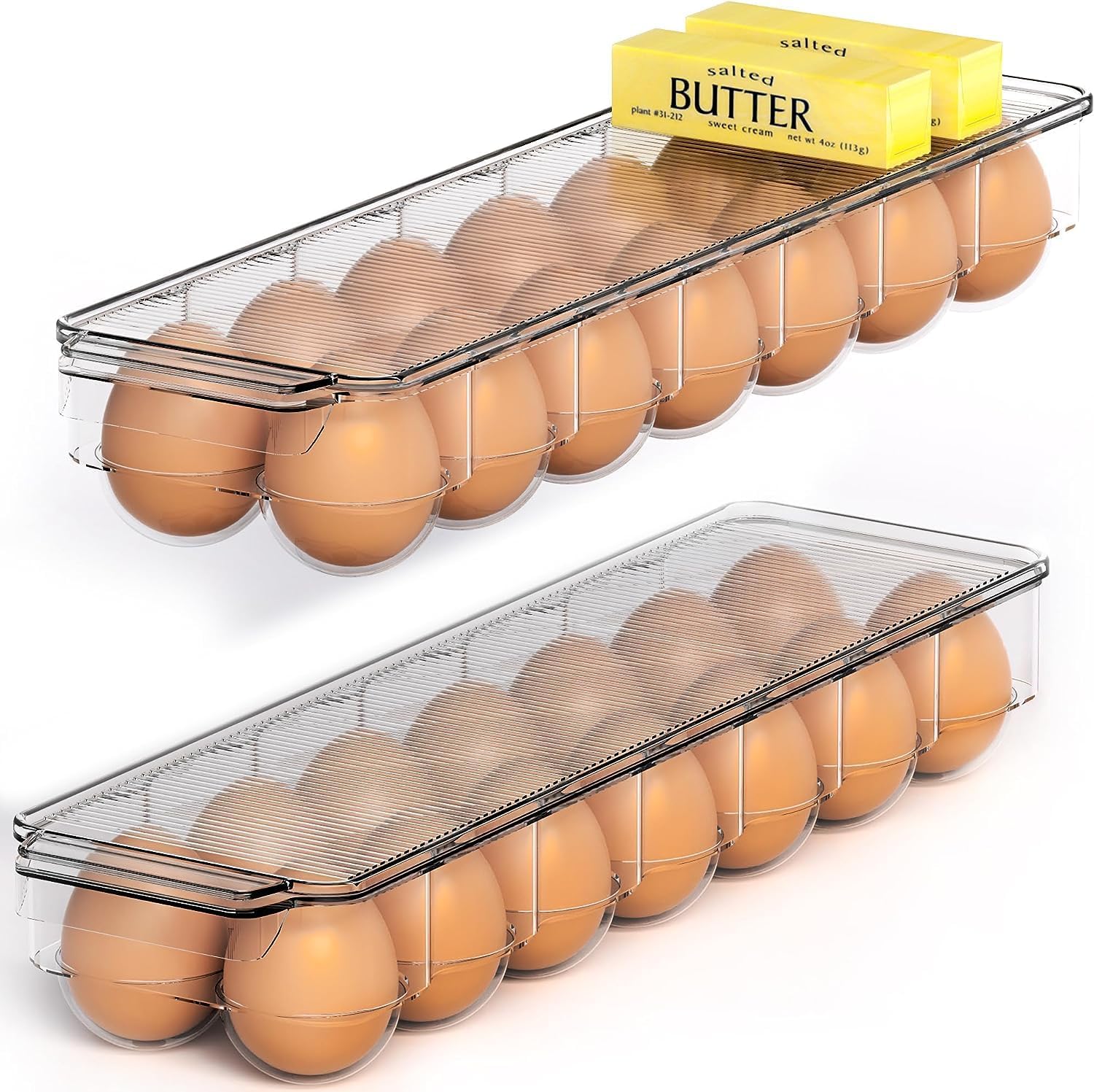 KICHLY Hueveras para frigorífico - Hueveras con 14 espacios, tapa y asa, Hueveras de plástico, bandeja para huevos (Pack de 2)
