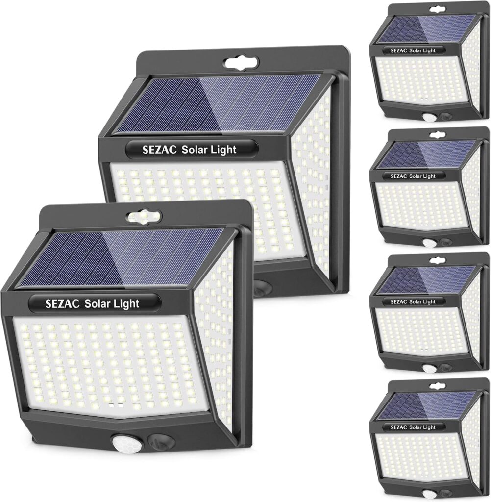 Luz Solar Exterior [6 Paquete/3 Modes] SEZAC 270° Súper Brillante Focos Led con Sensor de Movimiento, IP65, para Jardin, Garajes, Caminos, Puertas Delanteras