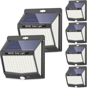 Luz Solar Exterior [6 Paquete/3 Modes] SEZAC 270° Súper Brillante Focos Led con Sensor de Movimiento, IP65, para Jardin, Garajes, Caminos, Puertas Delanteras