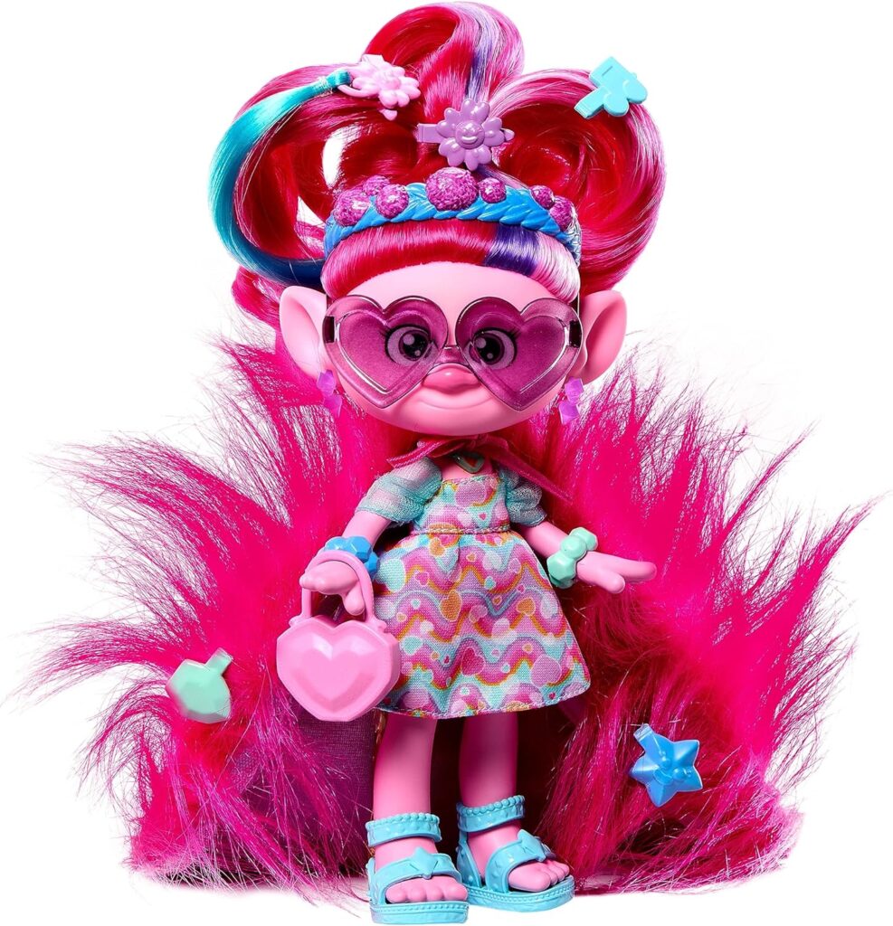 Trolls 3 Todos Juntos Reina Poppy Muñeca con pelo rosa que se convierte en capa inspirada en la película, accesorios sorpresa dentro del pelo, juguete +3...