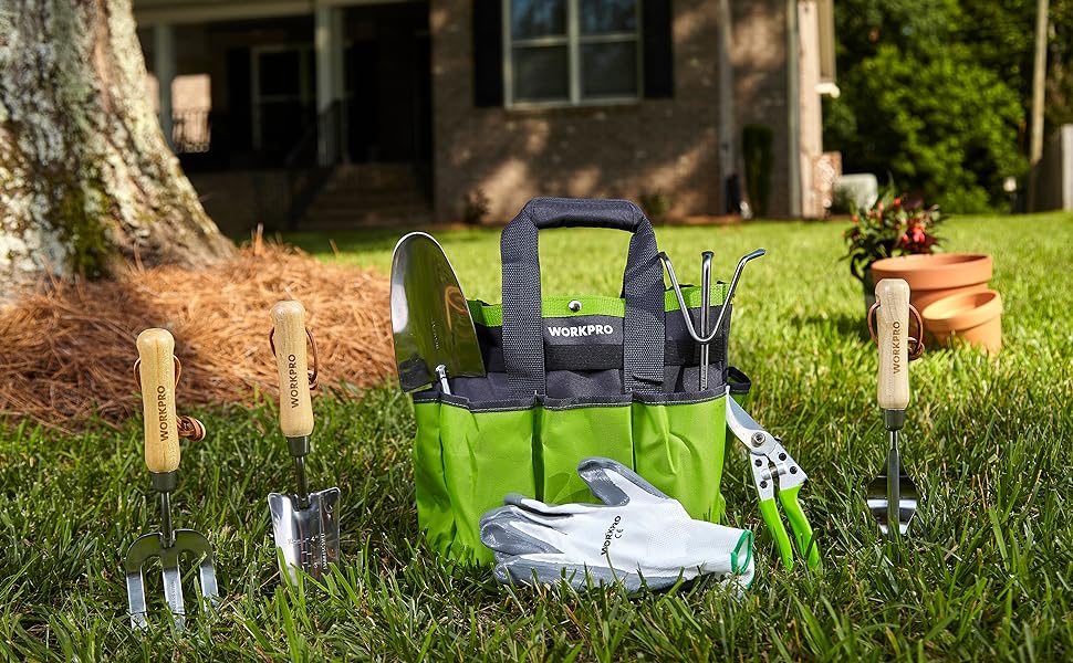 WORKPRO Juego de Herramientas para Jardín 8PC, Juego de Herramientas Jardinería de Acero Inoxidable, con Mango de Madera, Bolsa de Jardín