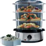 Russell Hobbs Vaporera Cook@Home - 3 Recipientes para Cocinar al Vapor, Capacidad 9 litros, Cuenco para Arroz, Temporizador, 2 Entradas Laterales de Agua, Sin BPA, Acero Inoxidable, 800 W - 19270-56