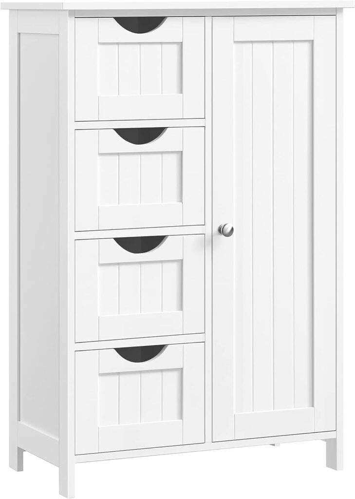 VASAGLE Armario de Baño, Mueble de Baño Estrecho, Cómoda de Baño, Cajonera con 4 Cajones, Armario con Puerta, Estante Ajustable, 30 x 55 x 82 cm, Blanco LHC41W