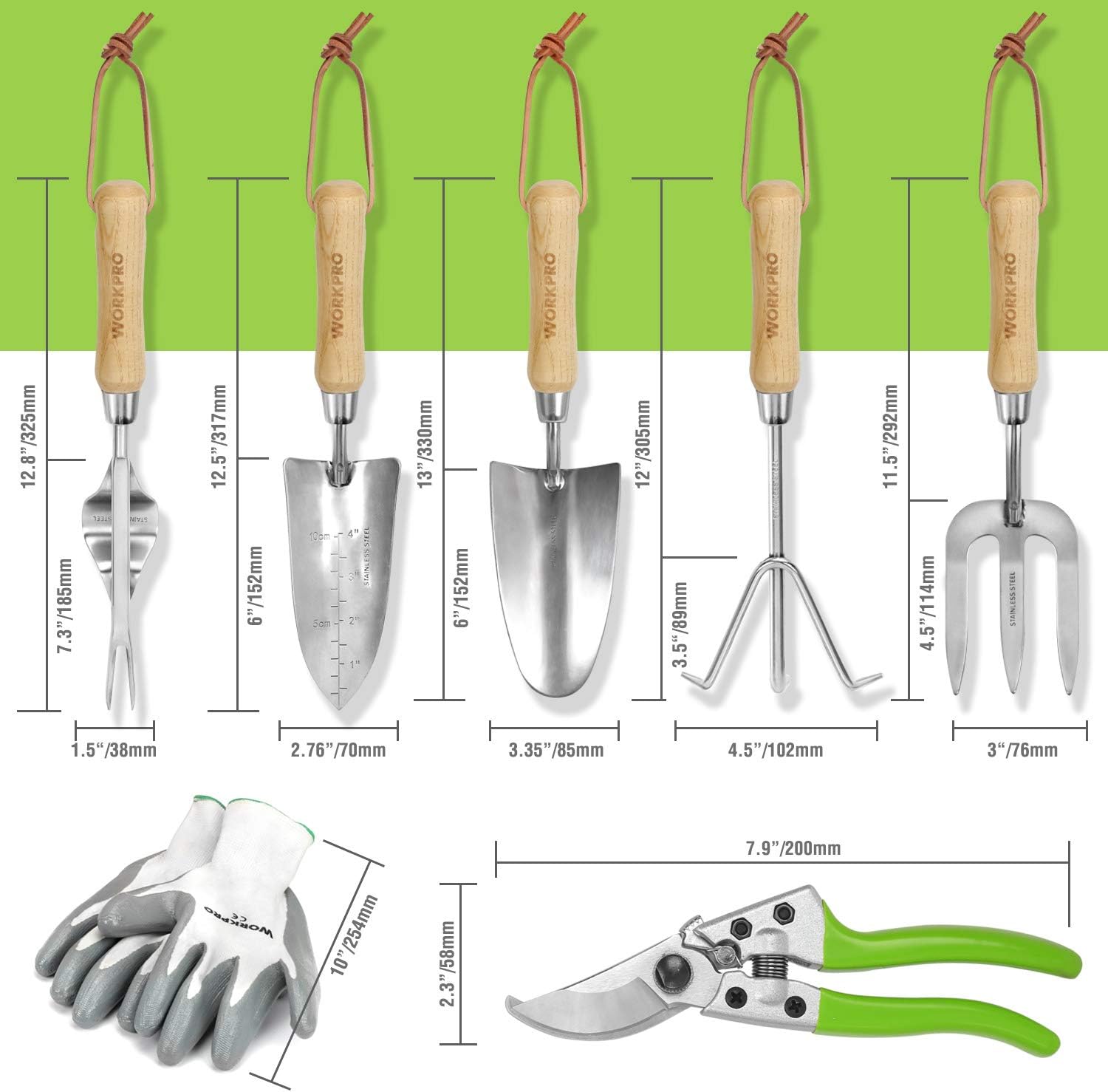 WORKPRO Juego de Herramientas para Jardín 8PC, Juego de Herramientas Jardinería de Acero Inoxidable, con Mango de Madera, Bolsa de Jardín