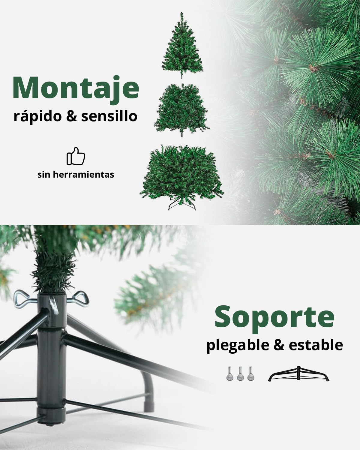 Árbol de Navidad Artificial, Altura 180 cm, Estructura Desmontable, Ramas Abatibles, Soporte Metálico Plegable, TBS038