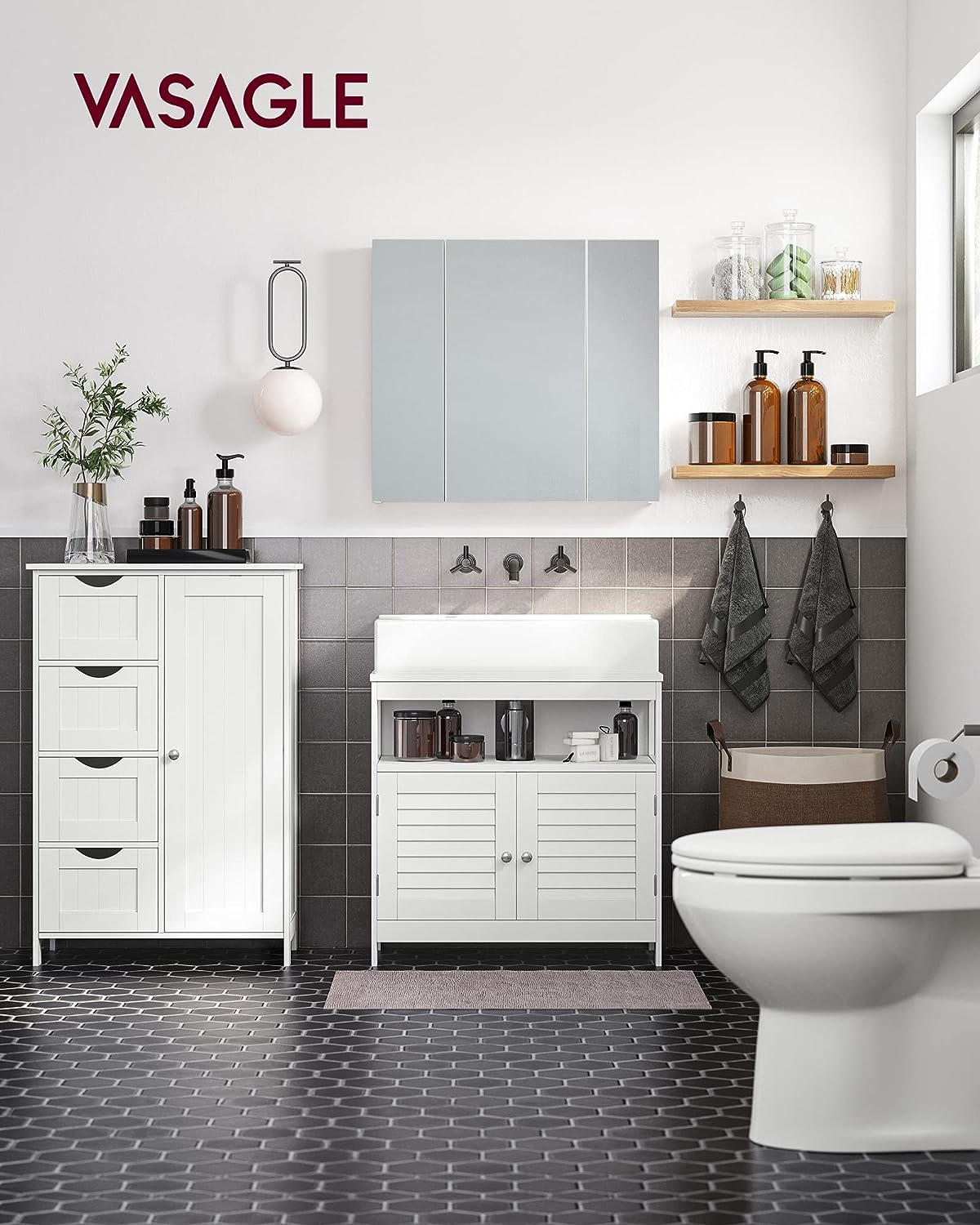 VASAGLE Armario de Baño, Mueble de Baño Estrecho, Cómoda de Baño, Cajonera con 4 Cajones, Armario con Puerta, Estante Ajustable, 30 x 55 x 82 cm, Blanco LHC41W