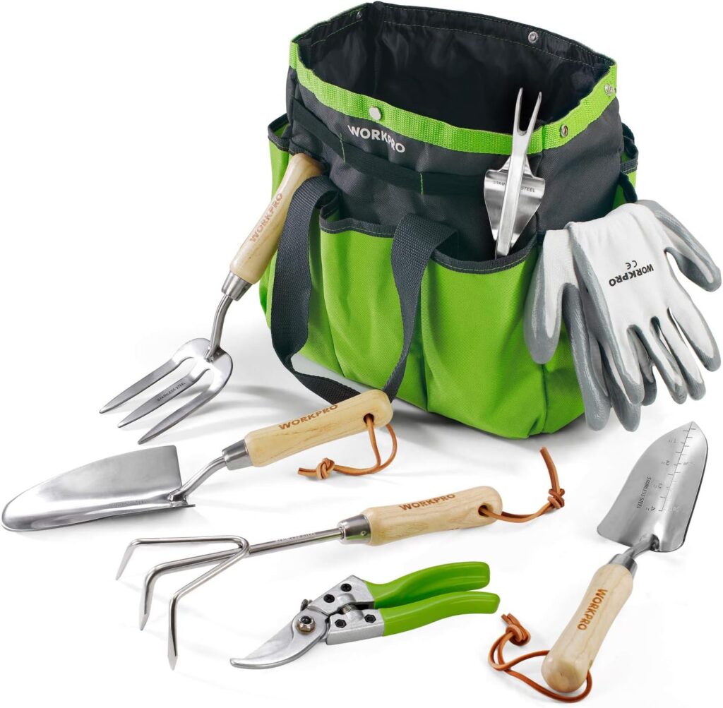 WORKPRO Juego de Herramientas para Jardín 8PC, Juego de Herramientas Jardinería de Acero Inoxidable, con Mango de Madera, Bolsa de Jardín