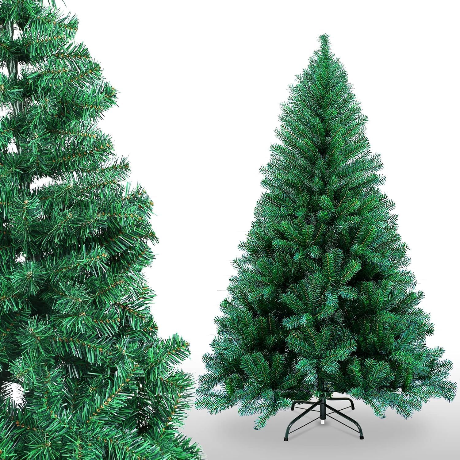 Árbol de Navidad Artificial, 120cm/150cm/180cm/210cm, de PVC difícilmente inflamable, Montaje rápido, Plegable, Incluye Soporte de Metal (150 CM, Árbol Verde)