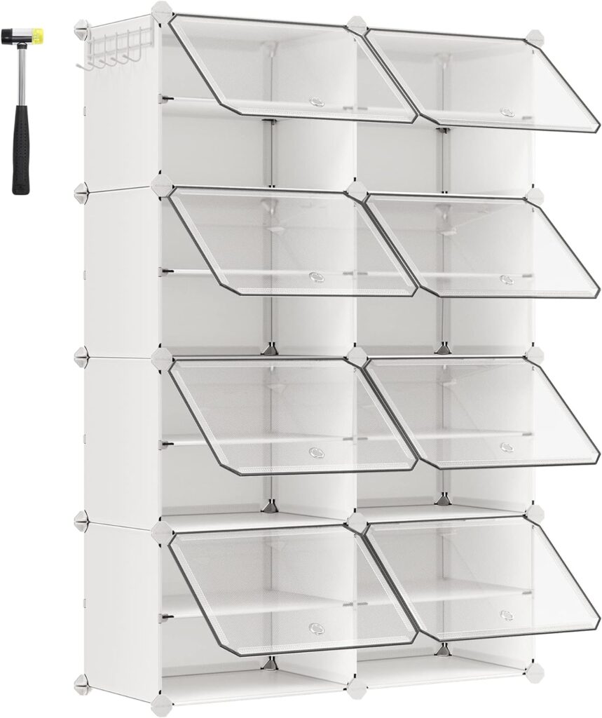 SONGMICS Mueble Zapatero, 8 Compartimentos, Estantería Modular, 30 x 40 x 30 cm Cada Cubo, con Puerta, Marco de Acero, Paneles de Plástico, Blanco LPC034W01