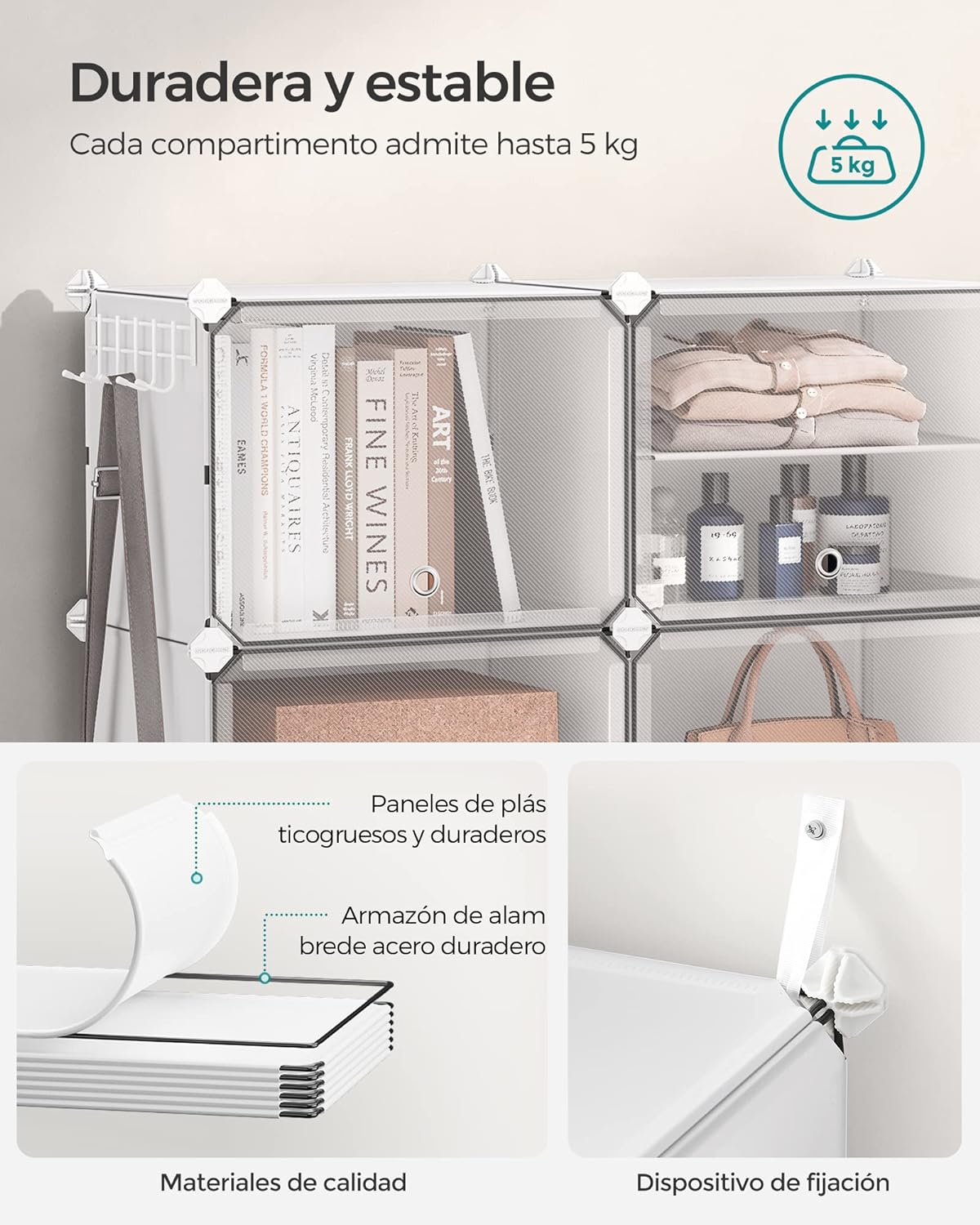 SONGMICS Mueble Zapatero, 8 Compartimentos, Estantería Modular, 30 x 40 x 30 cm Cada Cubo, con Puerta, Marco de Acero, Paneles de Plástico, Blanco LPC034W01