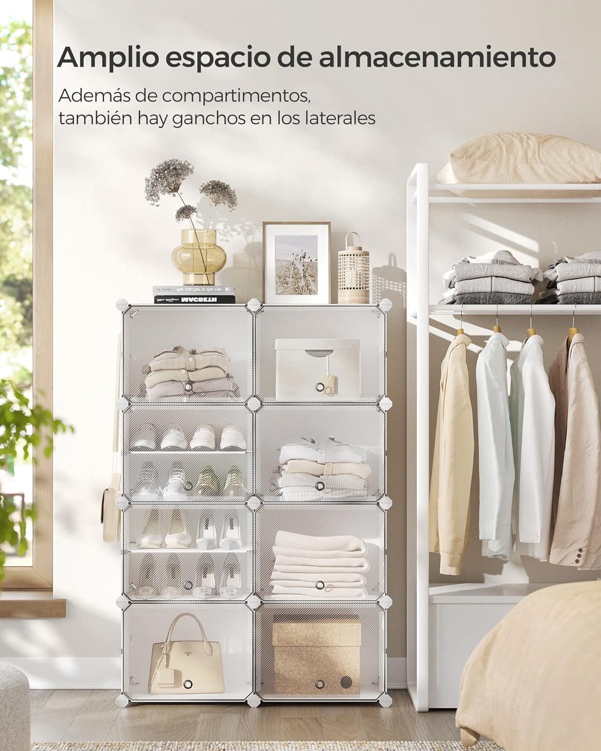 SONGMICS Mueble Zapatero, 8 Compartimentos, Estantería Modular, 30 x 40 x 30 cm Cada Cubo, con Puerta, Marco de Acero, Paneles de Plástico, Blanco LPC034W01