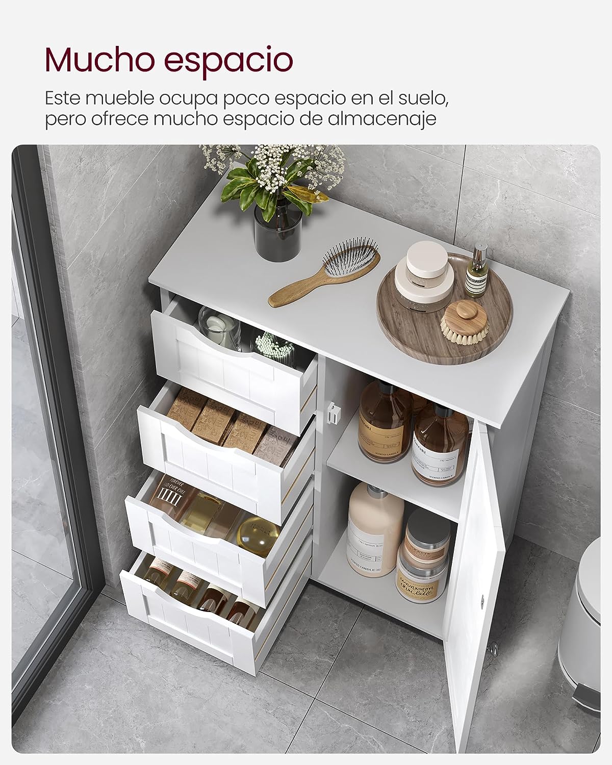 VASAGLE Armario de Baño, Mueble de Baño Estrecho, Cómoda de Baño, Cajonera con 4 Cajones, Armario con Puerta, Estante Ajustable, 30 x 55 x 82 cm, Blanco LHC41W