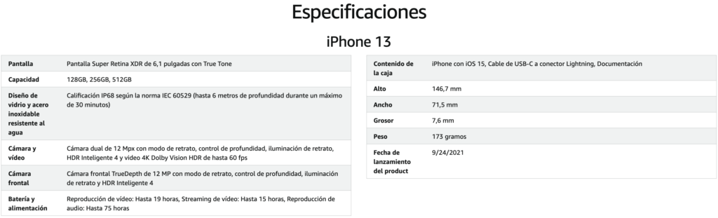 Especificaciones iPhone 13