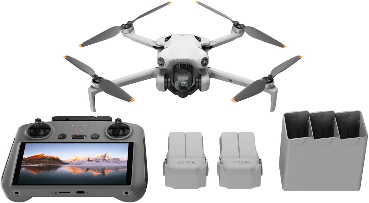 DJI Mini 4 Pro Pack Vuela Más con DJI RC 2 (control remoto con pantalla), drones con camara 4k, menos de 249 g, 34 min de tiempo de vuelo, 2 baterías adicionales, C0