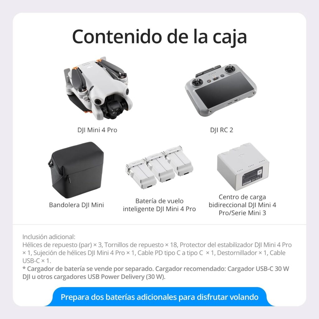 DJI Mini 4 Pro Pack Vuela Más con DJI RC 2 (control remoto con pantalla), drones con camara 4k, menos de 249 g, 34 min de tiempo de vuelo, 2 baterías adicionales, C0