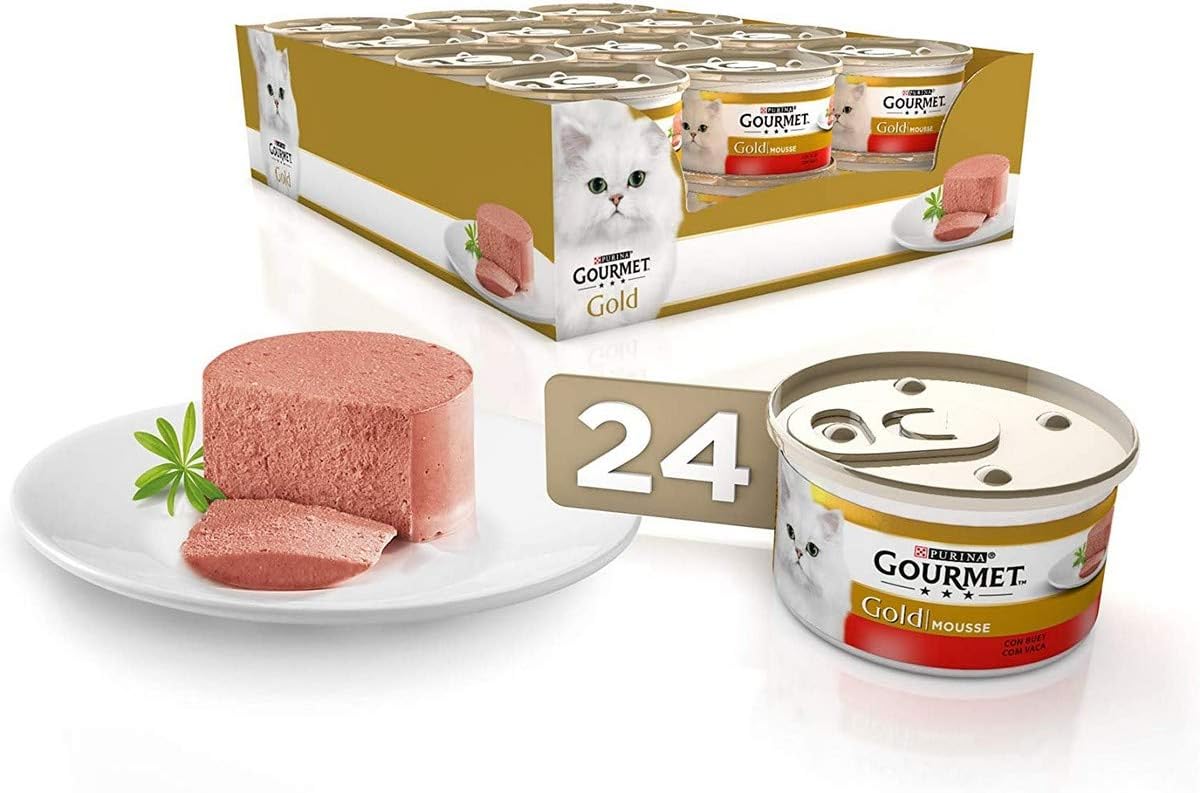 Gourmet Purina Gold Mousse, Comida Húmeda para Gato con Buey, 24 latas de 85g