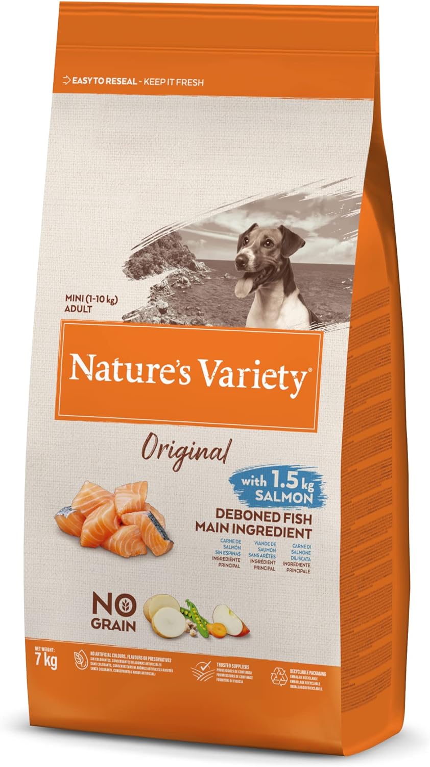 Nature's Variety Original No Grain, Pienso para Perros Adultos Pequeños, Sin cereales, con Salmón sin espinas, 7kg