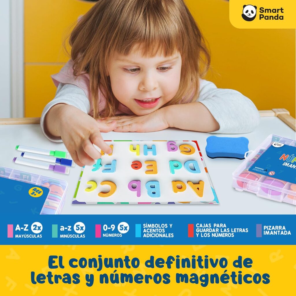 Letras y Números Magnéticos para Niños - Conjunto Completo: 182 Letras y 81 Números y Símbolos - Imanes Gruesos de Espuma para la Nevera - Incluye 2 Cajas, Pizarra Magnética, Rotuladores y Borrador