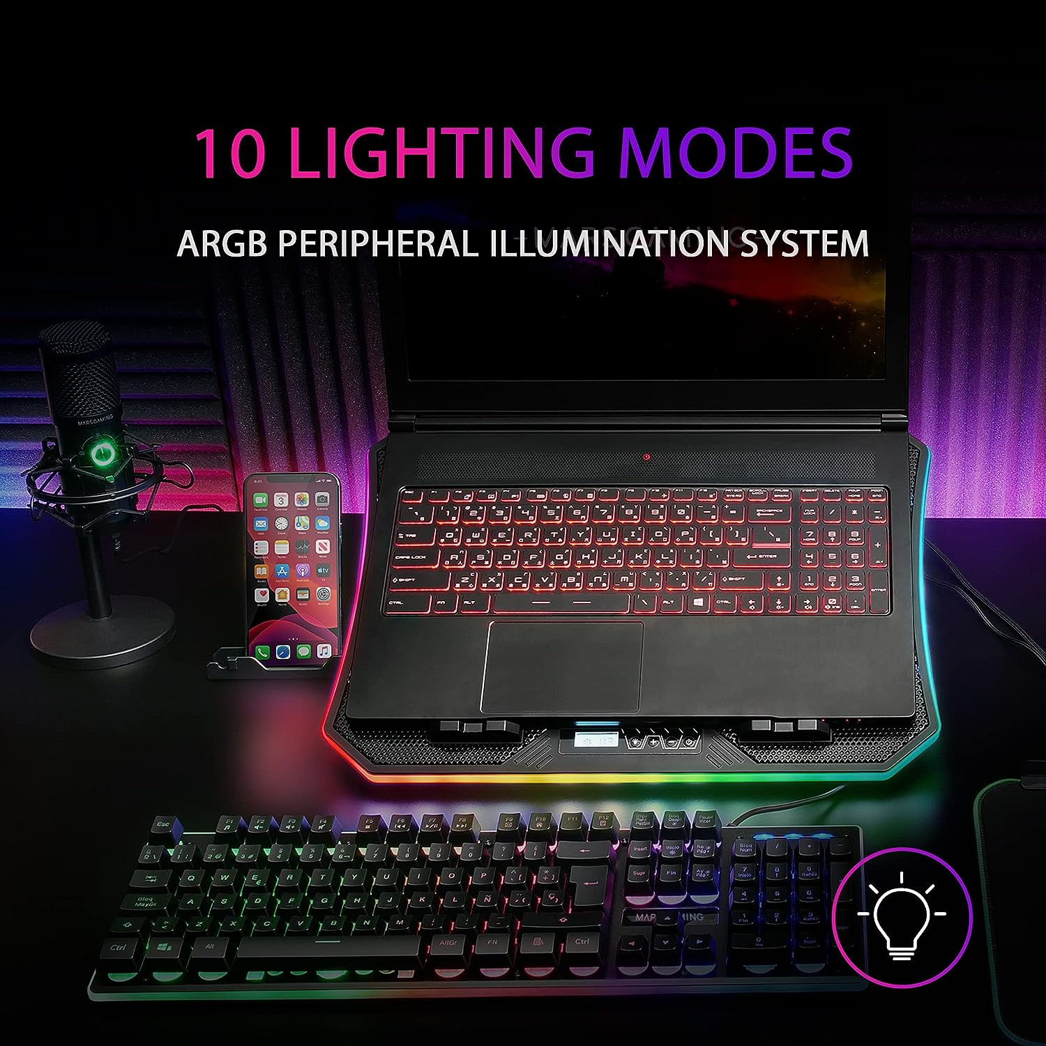 Mars Gaming MNBC6, Base Refrigeradora + Stand XL 19'' ARGB, 3 Ventiladores, Soporte para Móvil