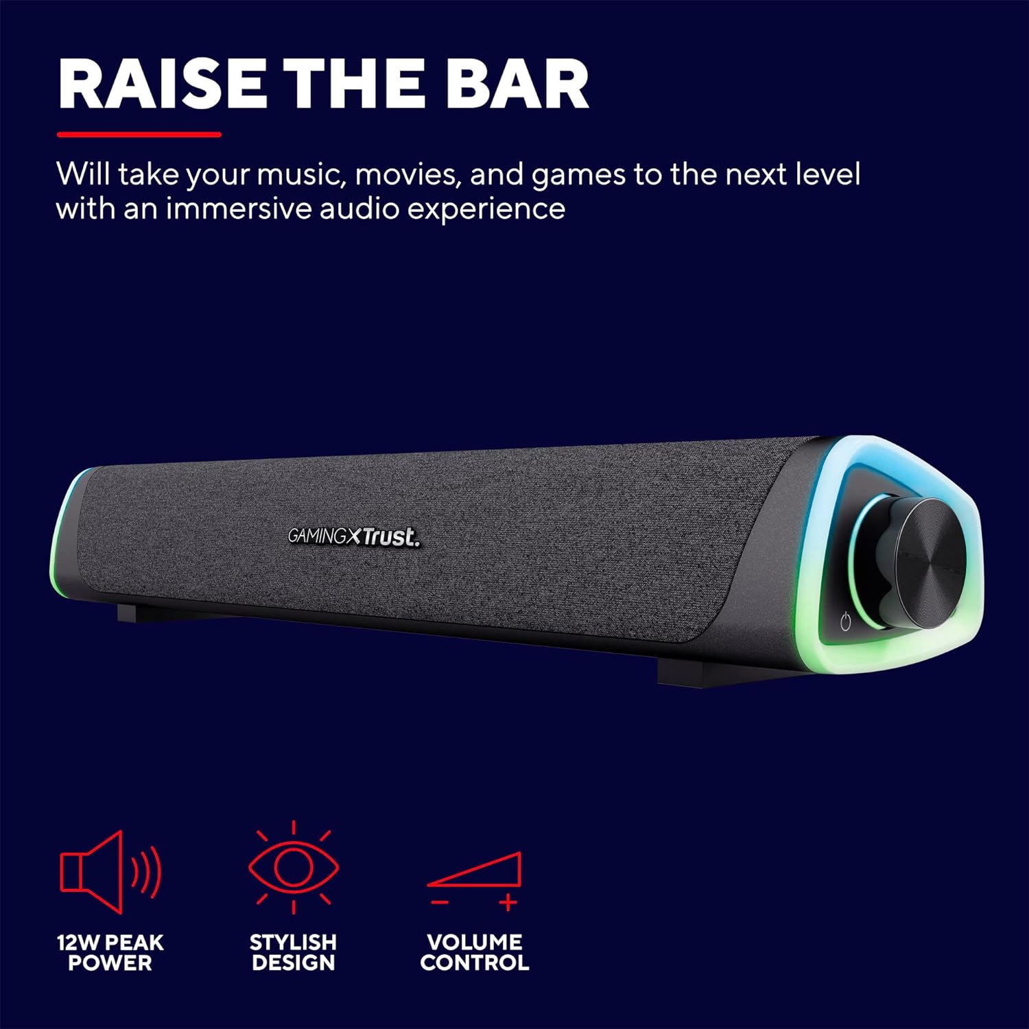 Trust Gaming 24482 GXT 620 Axon Barra de Sonido con Iluminación RGB 12W, Alimentación USB, Altavoz PC para Ordenador, Portátil, Móvil, Tablet, TV, Negro, 3.5mm Jack