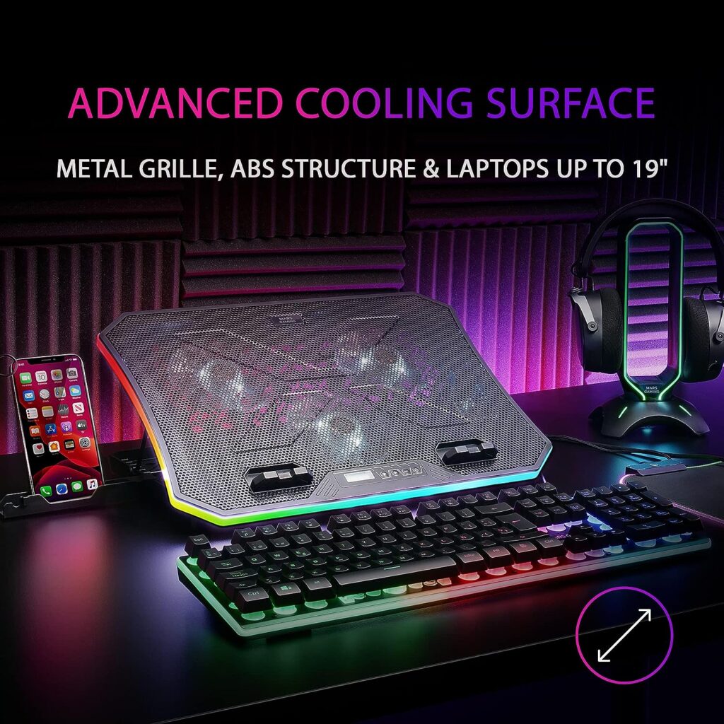 Mars Gaming MNBC6, Base Refrigeradora + Stand XL 19'' ARGB, 3 Ventiladores, Soporte para Móvil