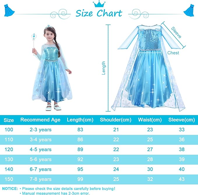URAQT Disfraces de Elsa, Disfraz de Princesa Niña con Accesorios, Traje Princesas Niñas con Capa de Copos de Nieve Brillantes, Disfraz de Halloween para Niña de Cosplay, Cumpleaños, Carnaval