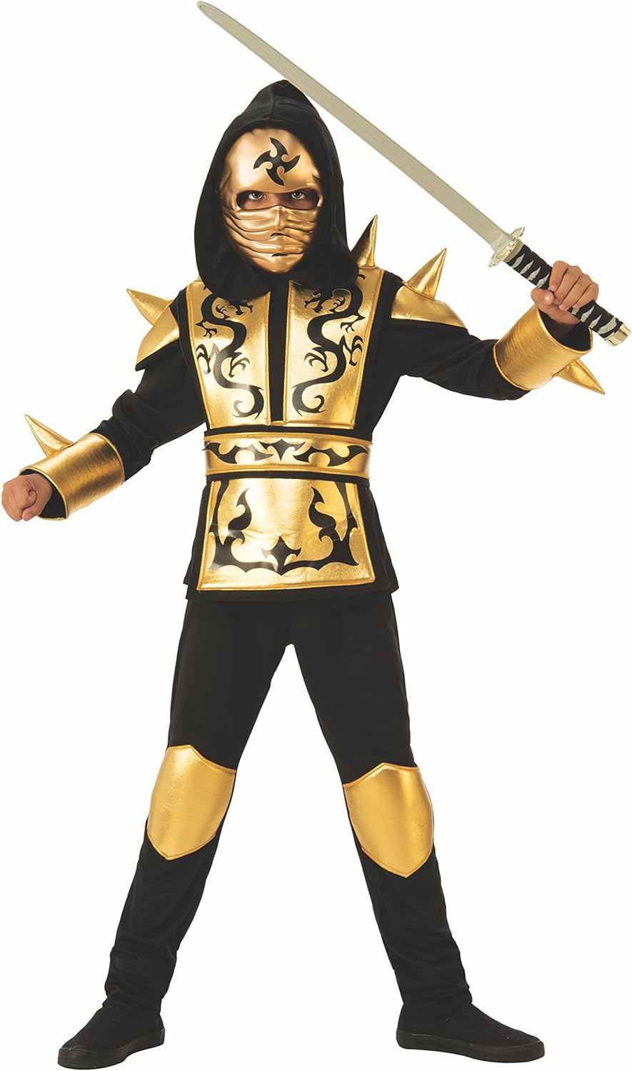 Rubies Disfraz Ninja Dragón Gold para niño, Camisa con Capucha, Pantalones, Cinturón y Máscara óptimo para halloween, carnaval y cumpleaños