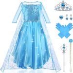 URAQT Disfraces de Elsa, Disfraz de Princesa Niña con Accesorios, Traje Princesas Niñas con Capa de Copos de Nieve Brillantes, Disfraz de Halloween para Niña de Cosplay, Cumpleaños, Carnaval