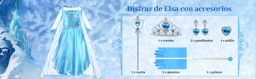 URAQT Disfraces de Elsa, Disfraz de Princesa Niña con Accesorios, Traje Princesas Niñas con Capa de Copos de Nieve Brillantes, Disfraz de Halloween para Niña de Cosplay, Cumpleaños, Carnaval