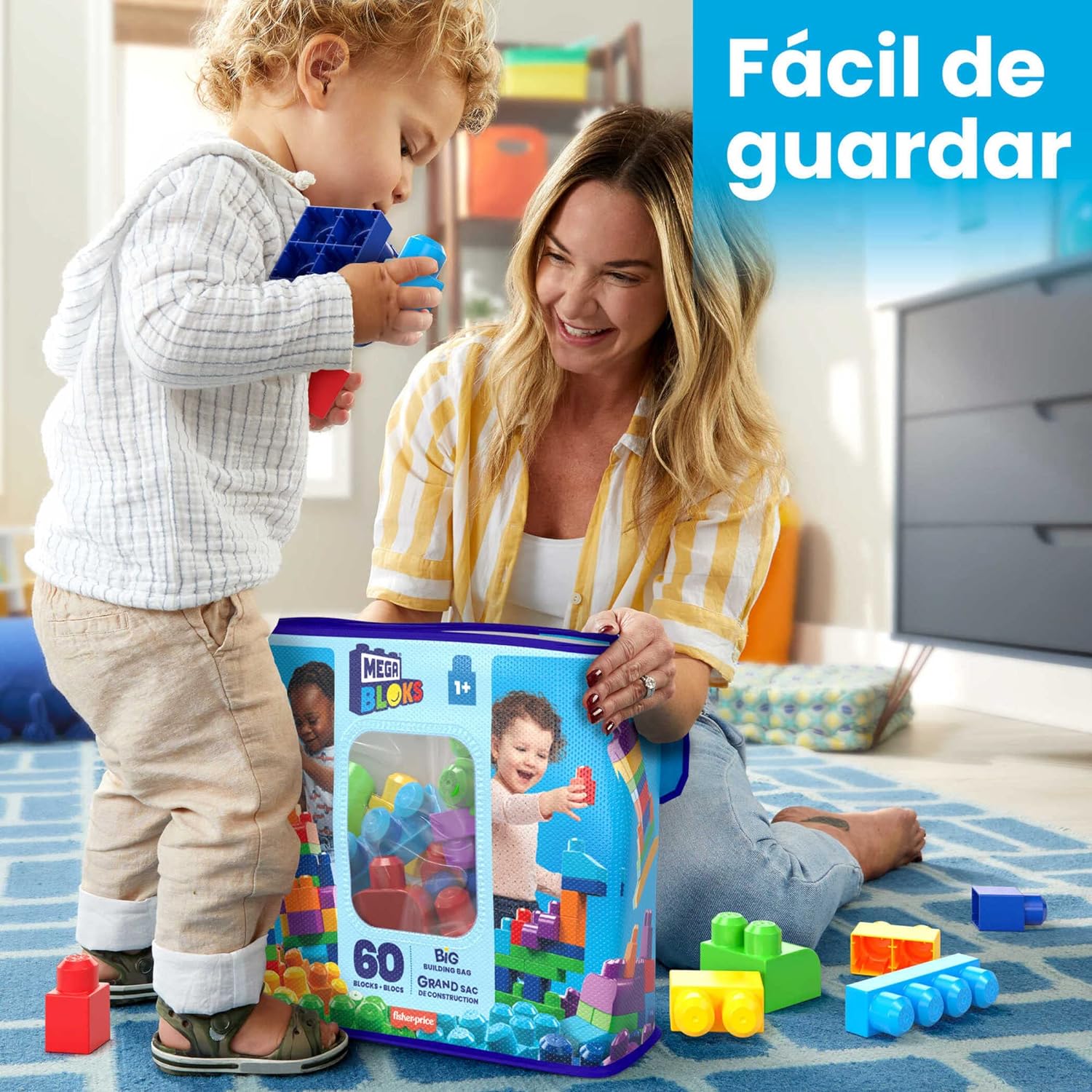 Mega Bloks Bolsa clásica con 60 bloques de construcción, juguetes bebés 1 año (Mattel DCH55)