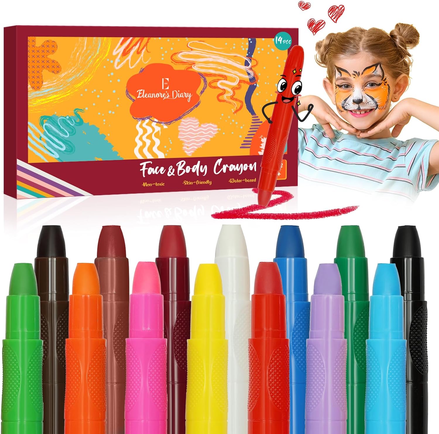 Pinturas Cara para Niños Carnaval, Eleanore's Diary 14 Colores Crayones de Pintura Facial y Cuerpo, Seguro y No Tóxico Lavables, Maquillaje Pintacaras
