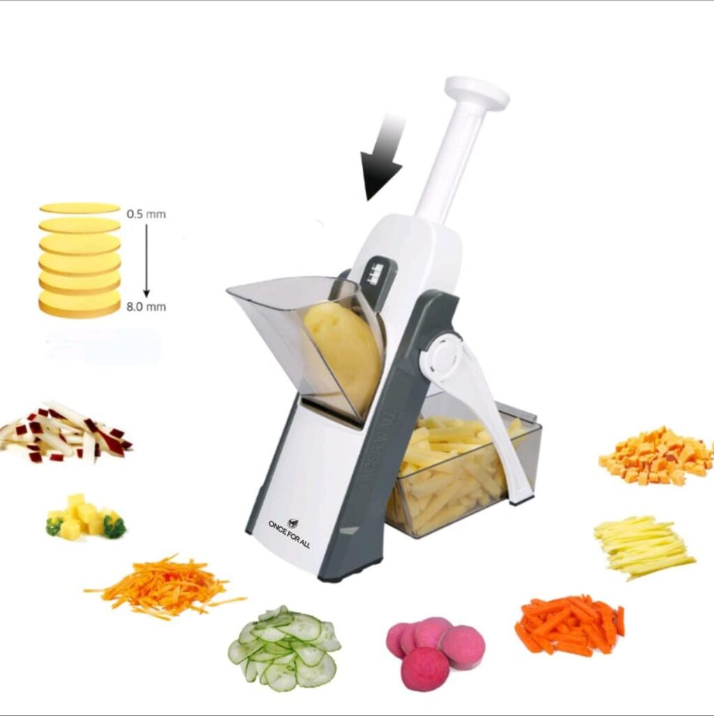 ONCE FOR ALL Cortador de Verdura Multifuncional con Cuchillas de Acero Inoxidable, Mandolina de Cocina Manual, Espirilizador Cortador de Verduras para el Chef y el Hogar